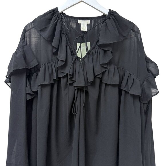 H&M Ruffle Blouse Black XS Oversized Chiffon Peasant Poet Flowy Top NWT - Picture 2 of 9